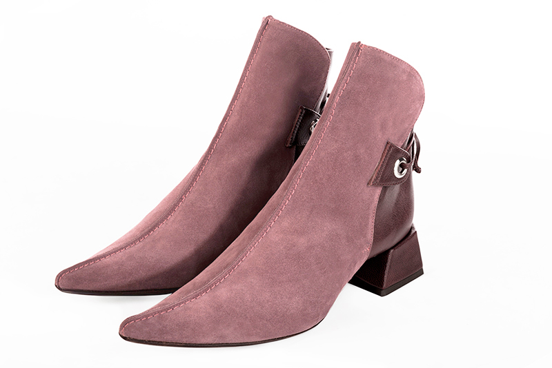 Dusty rose pink and wine red women's elegant sneakers. Pointed toe. Low flare heels. Front view - Florence KOOIJMAN